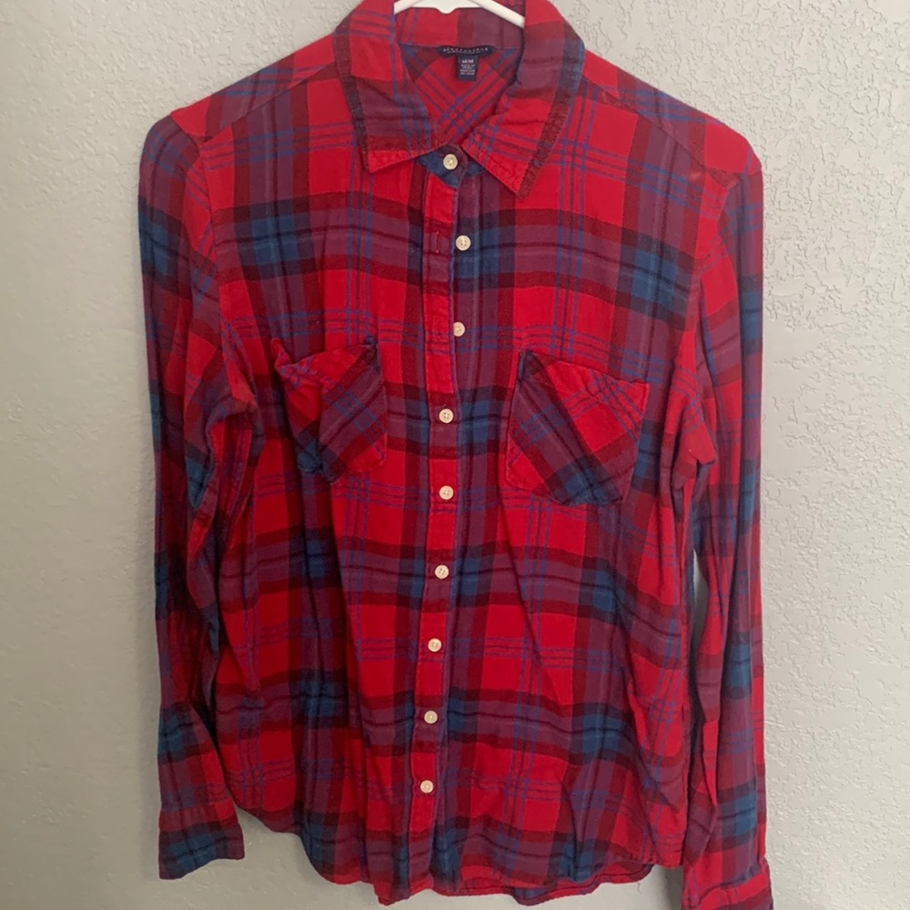 Brand: Aeropostale.   Red and navy blue flannel